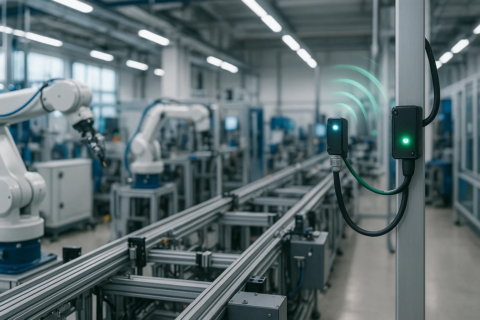 Capteurs connectés installés sur une ligne de production industrielle