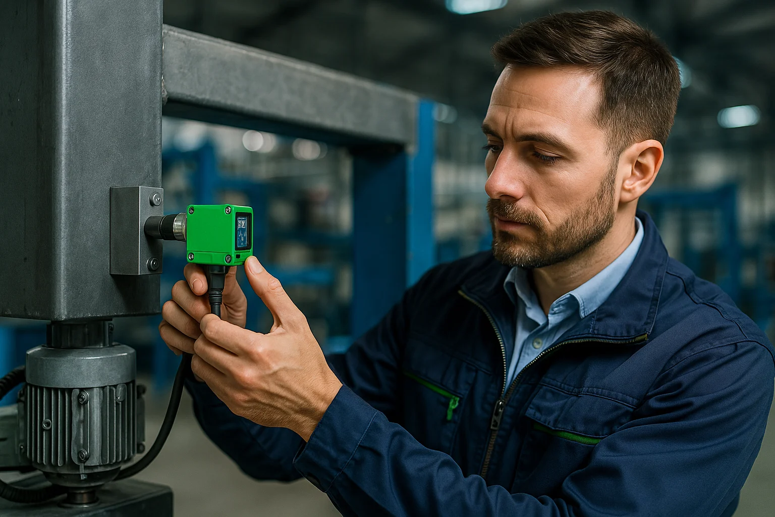 Technicien installant un capteur intelligent sur une machine industrielle