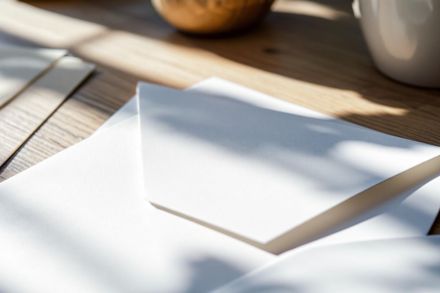 Enveloppe vierge et feuille blanche posées sur un bureau