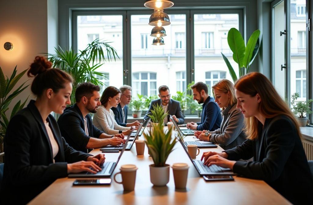 Équipe réunie autour d’une longue table dans un espace de coworking