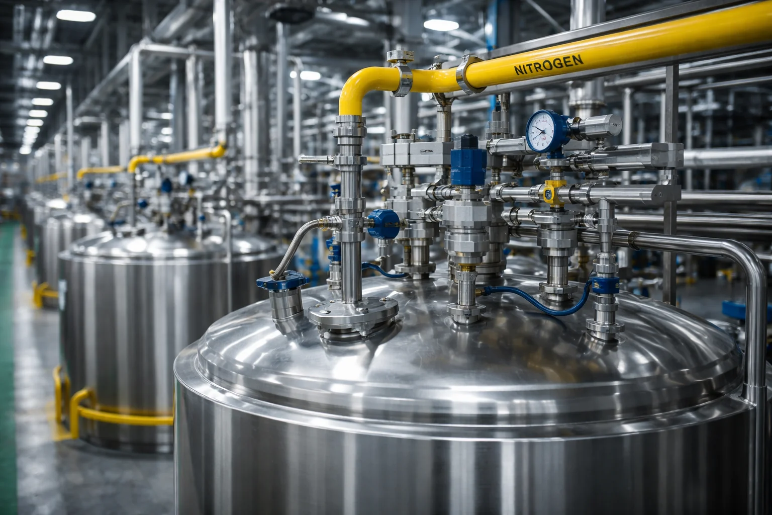 Cuves inox et tuyauterie industrielle dans un atelier