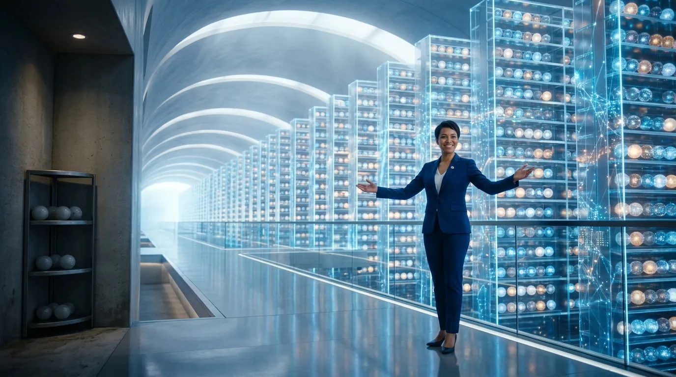 Femme en costume bleu dans un corridor technologique futuriste avec serveurs illuminés