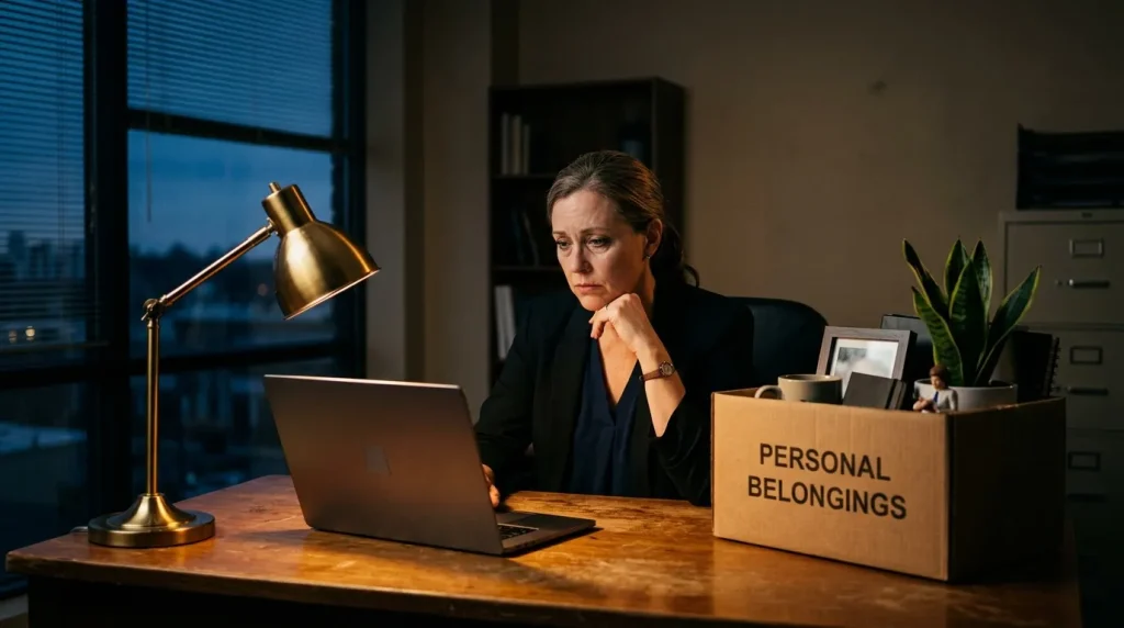 Femme en blazer noir devant laptop avec boîte cartons