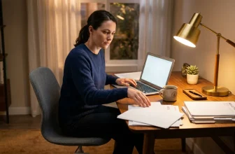 Femme en pull bleu travaillant sur laptop à son bureau