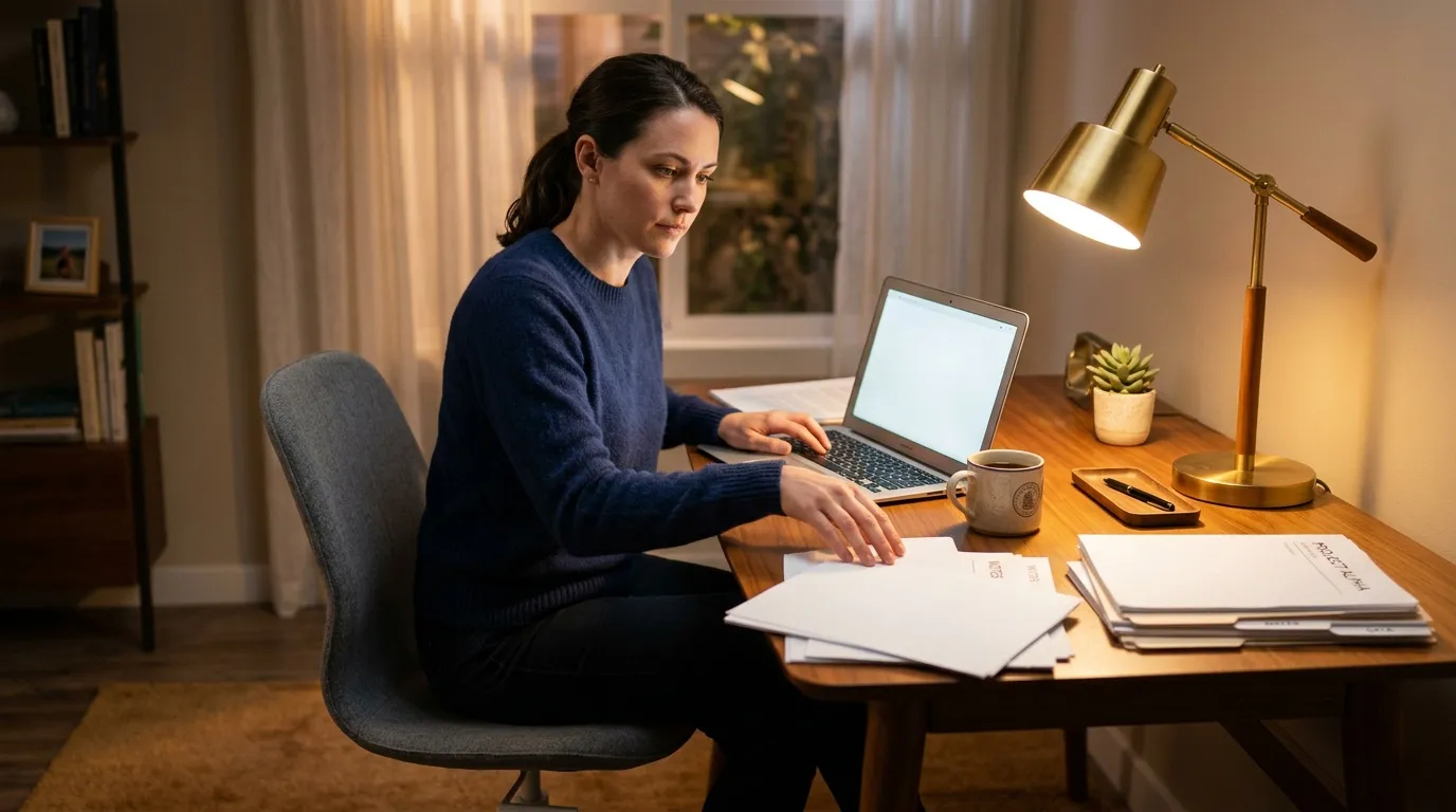 Femme en pull bleu travaillant sur laptop à son bureau