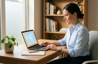 Femme en chemise bleue travaille sur laptop à son bureau