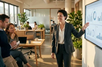 Femme présentant des graphiques à des collègues en bureaux modernes