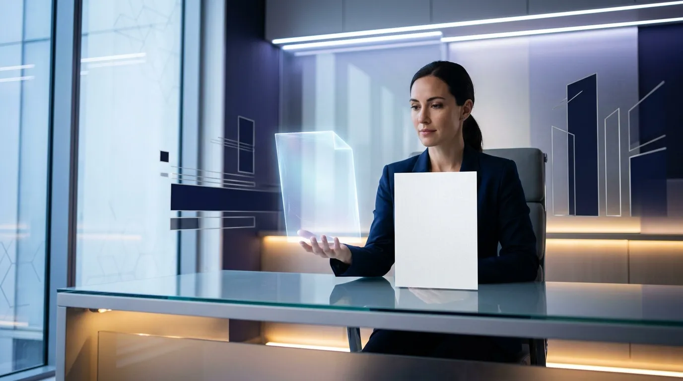 Femme d'affaires en costume bleu tenant une tablette lumineuse