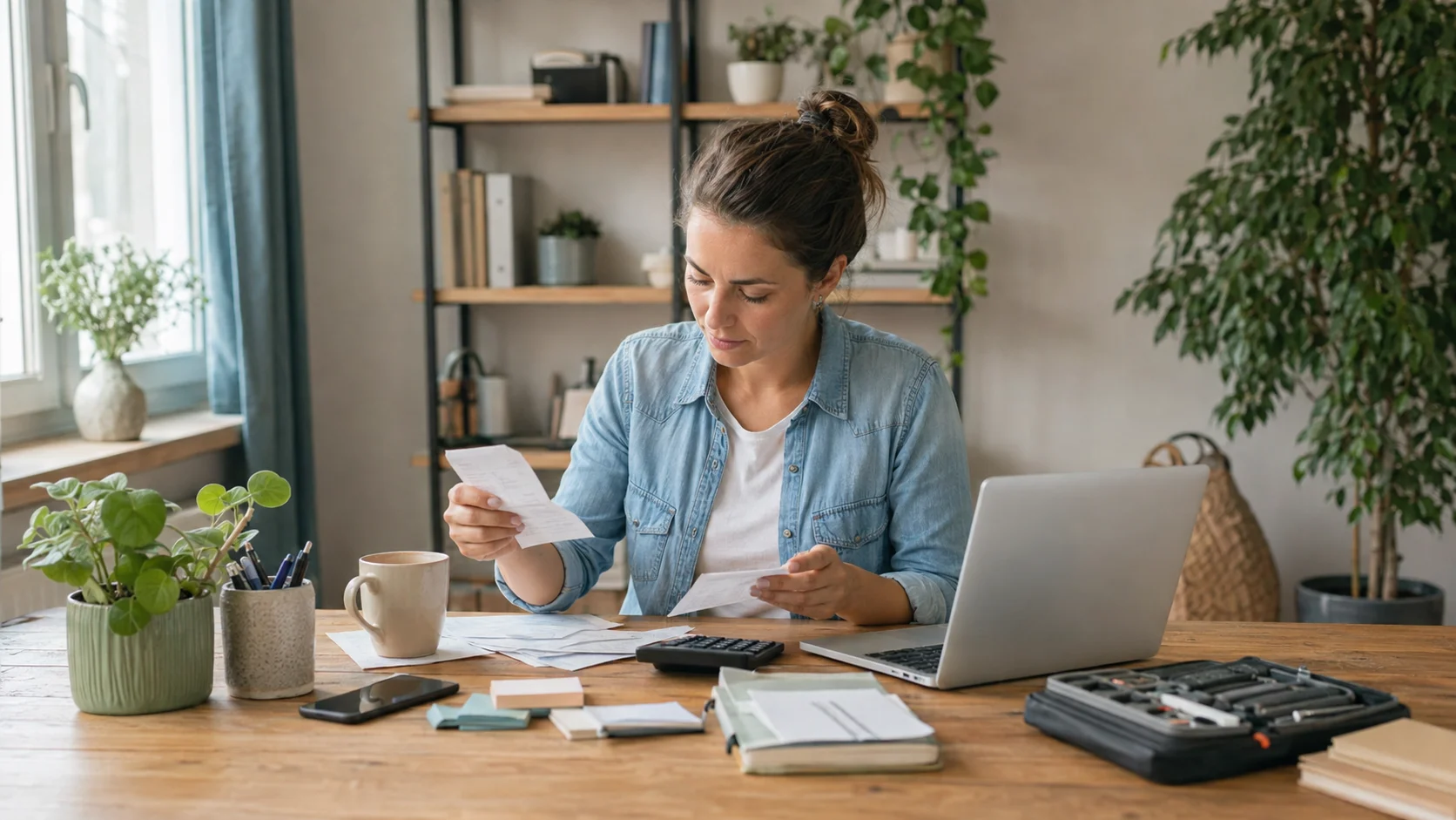 Entrepreneuse triant des justificatifs Ă son bureau