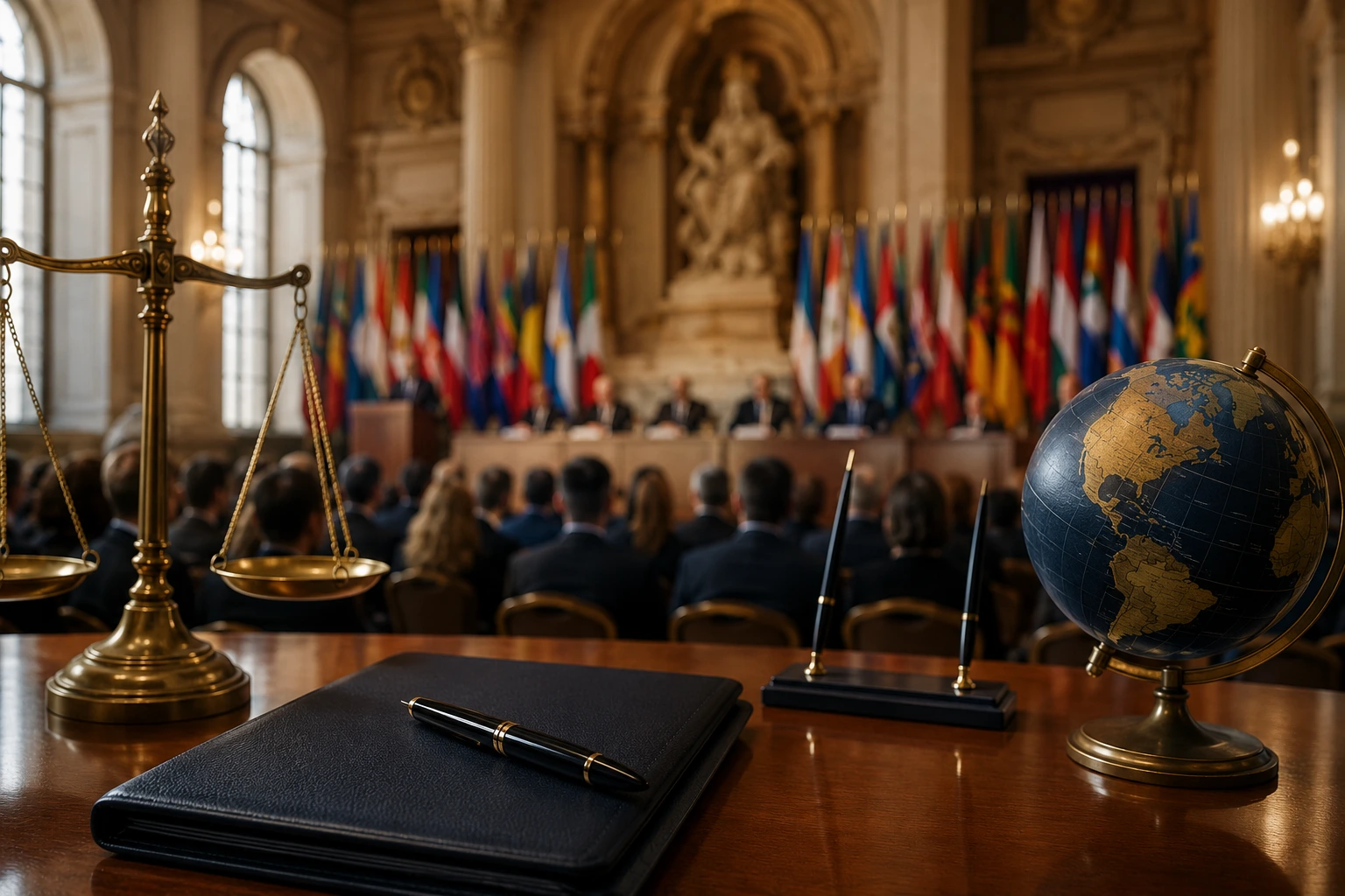 Dossier, balance de justice et globe devant une salle de conférence.