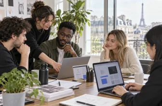 Équipe créative travaillant sur des ordinateurs dans un bureau parisien.