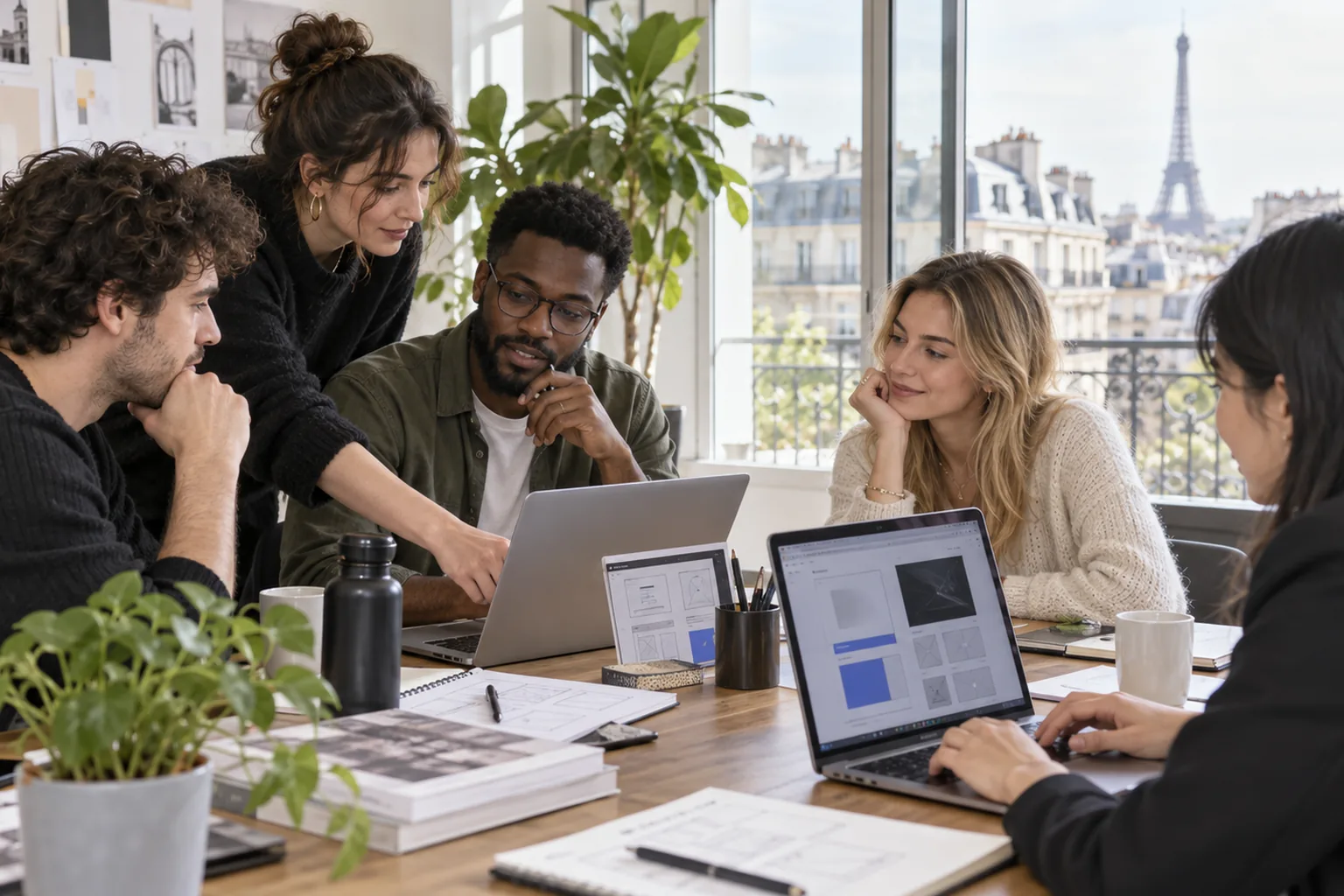 Équipe créative travaillant sur des ordinateurs dans un bureau parisien.