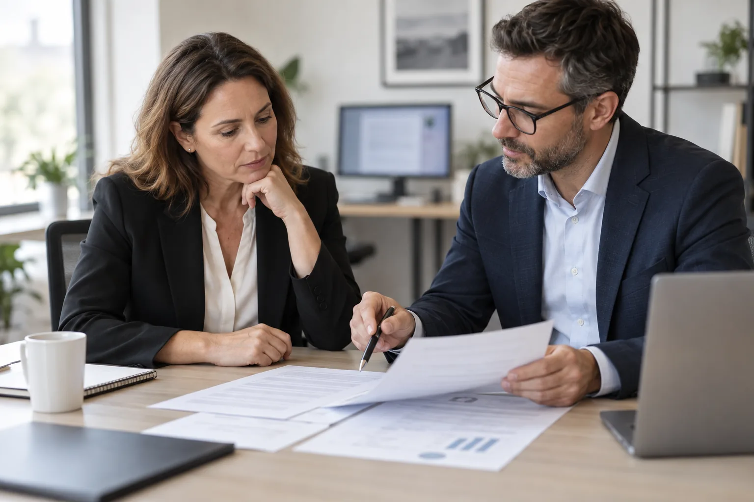 Une dirigeante et un conseiller examinent un contrat dâassurance gĂ©nĂ©rique