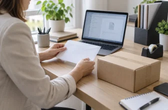 Une professionnelle prépare une enveloppe et un colis devant un écran flouté