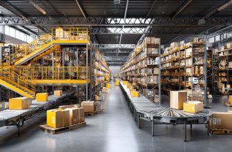 Entrepôt industriel automatisé avec convoyeurs et rayonnages