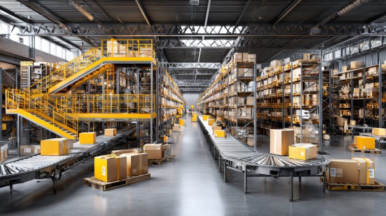 Entrepôt industriel automatisé avec convoyeurs et rayonnages