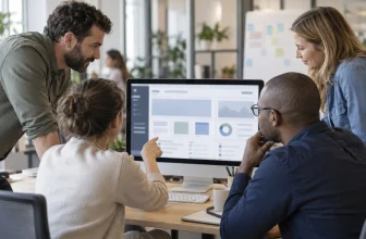 Une équipe consulte un tableau de bord générique et illisible dans un bureau collaboratif