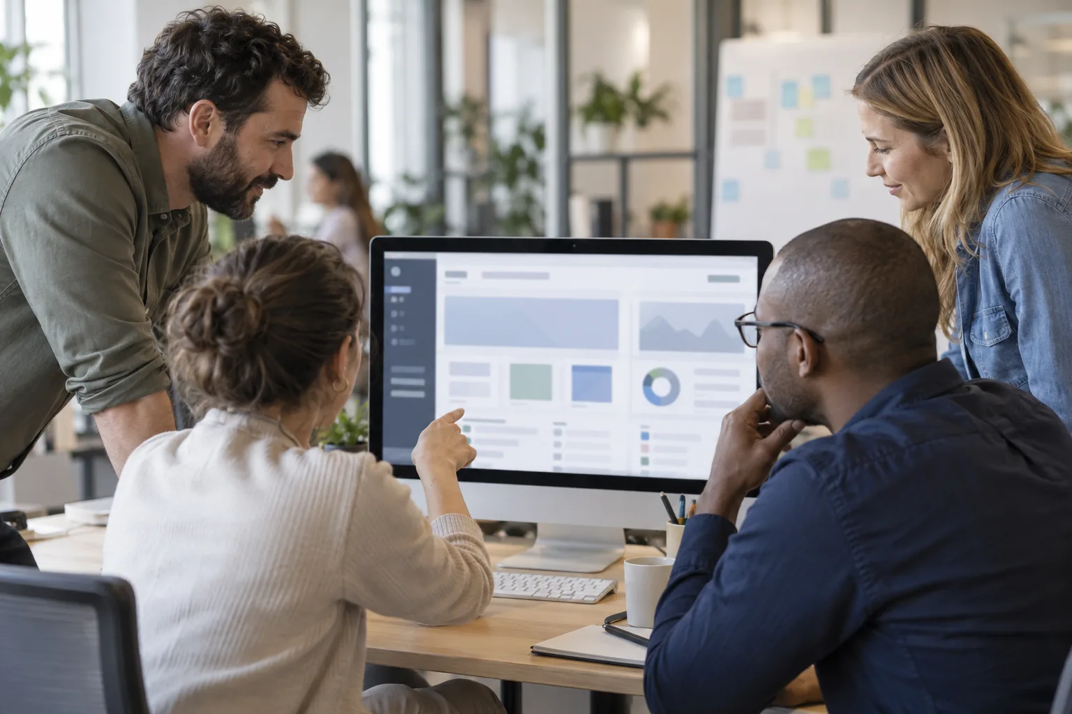 Une équipe consulte un tableau de bord générique et illisible dans un bureau collaboratif