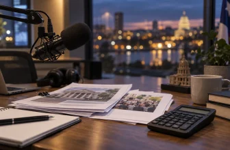 Microphone de studio radio, dossiers et calculatrice sur un bureau.