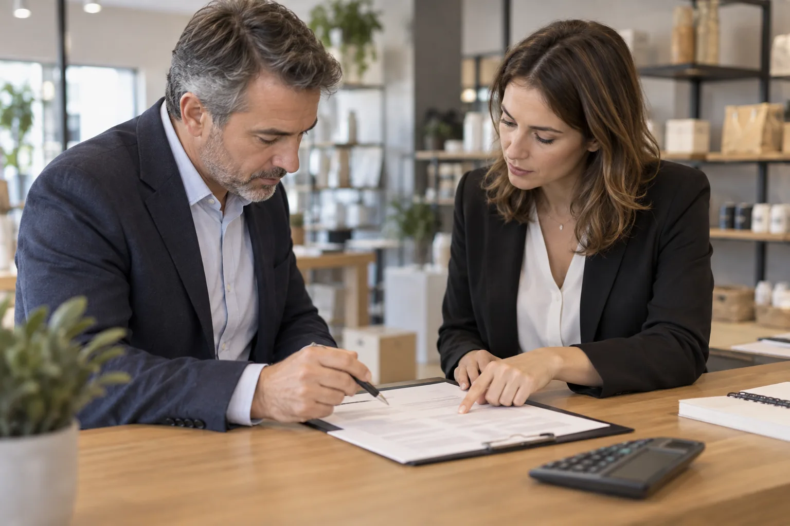 Un dirigeant et une conseillĂšre examinent un contrat de cession prĂšs dâune calculatrice Ă Ă©cran vierge
