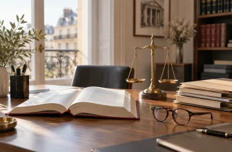 Code juridique ouvert et balance de justice dans un bureau parisien.