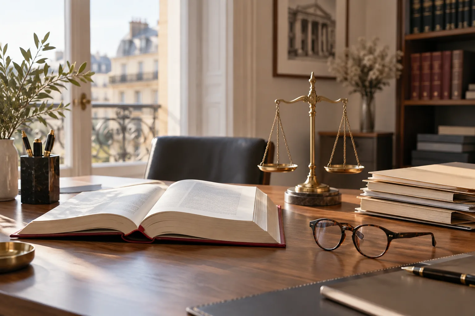 Code juridique ouvert et balance de justice dans un bureau parisien.