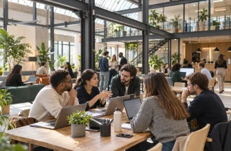 Des équipes diverses collaborent dans un grand espace de startup générique
