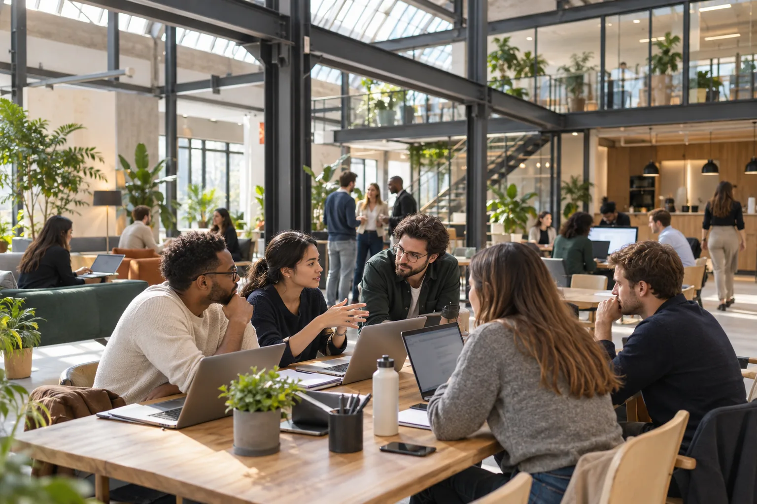 Des équipes diverses collaborent dans un grand espace de startup générique