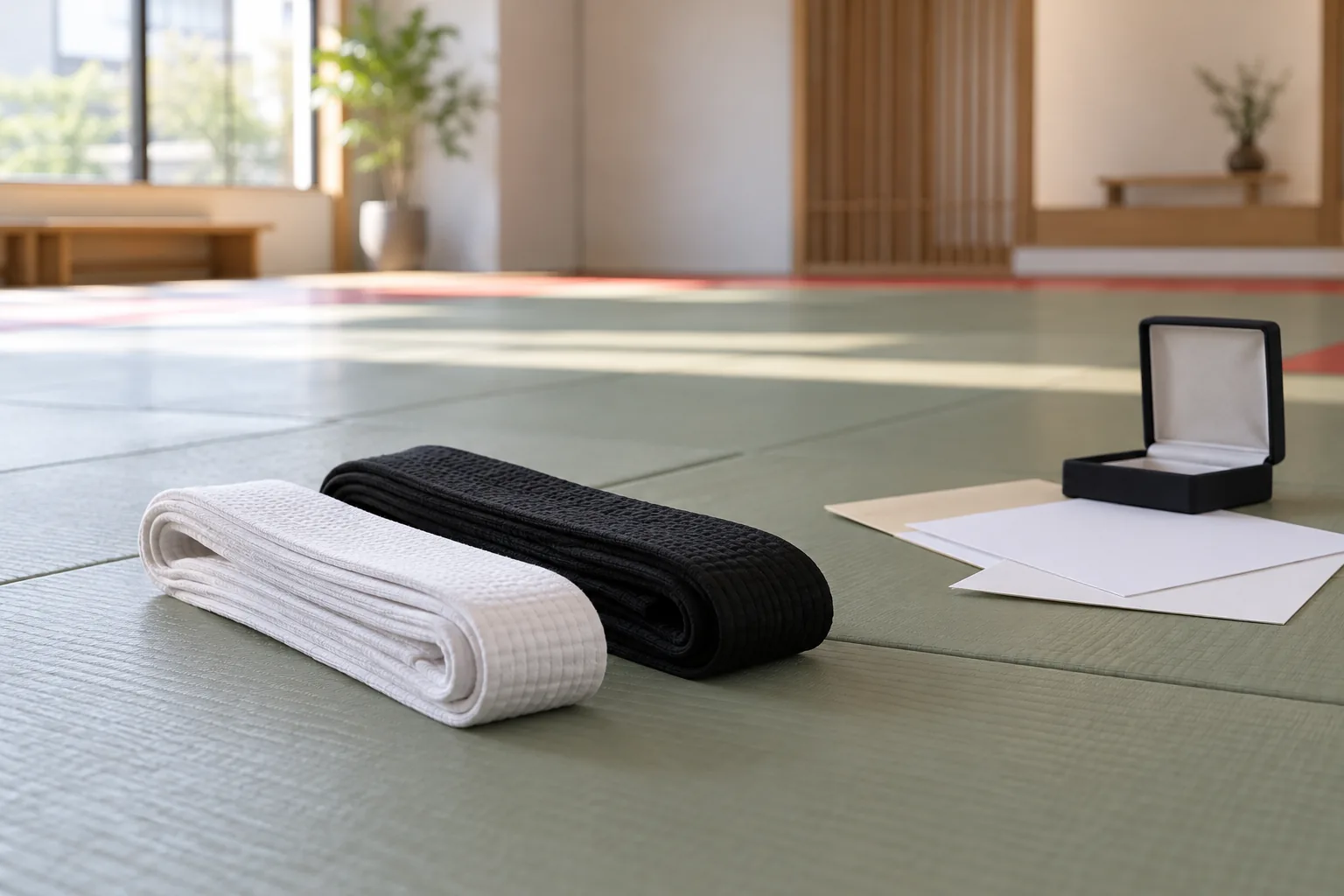 Ceintures de judo et écrin de médaille posés dans un dojo vide.