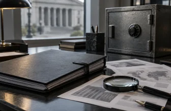 Un dossier fermé, une loupe et un coffre générique évoquent une enquête financière