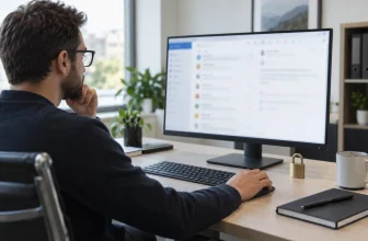 Un professionnel consulte une messagerie générique floutée près d’un cadenas