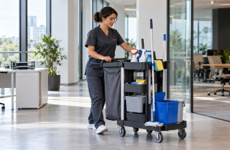 Agente de propreté avec un chariot de nettoyage dans des bureaux lumineux