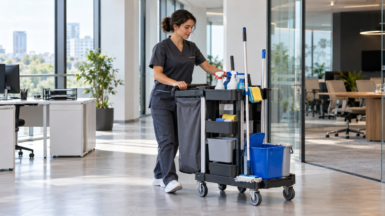 Agente de propreté avec un chariot de nettoyage dans des bureaux lumineux